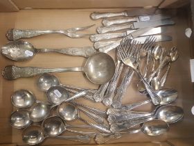 A collection of silver plated loose cutlery to include serving items: 6 teaspoons, 6 table knives