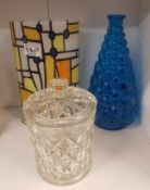 A collection of glass ware items to include an Italian mid century blue bobbled glass vase, together