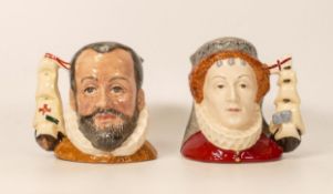 Royal Doulton small size character jugs Queen Elizabeth I D6821 and King Phillip of Spain D6822 (2)