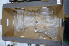 A collection of glass ware to include Victorian & later glass decanters, vases jugs etc