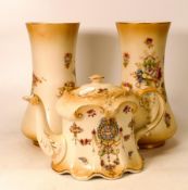 A pair of Crown Devon SF & Co vases together with a matching teapot. Height of vases 23cm. 1 vase