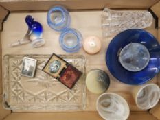A mixed collection of glassware items to include vases, art glass bird paperweight, vintage photo