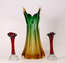 Large Mid Century Art Glass Vase & two smaller Murano type bud vases, tallest 35cm(3)