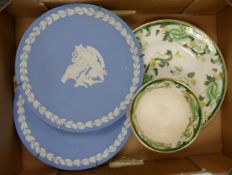 Mason's Chartreuse plate and sugar bowl together with two Wedgwood calander plates
