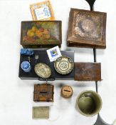 A mixed collection of items to include Inlaid 19th Century Jewellery Casket, tin boxes silver plated