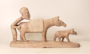 Carved Stone Ethnic Figure of Farmer at work with Donkey, length 37cm