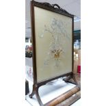 Edwardian Mahogany Hand Embroidered Fire Screen: height 106cm