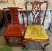 Mid century Chinese red laquered chair together with Mahogany balloon back dining chair with ball