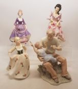 A collection of ceramic figures to include a Spanish figural group, Radnor figure Evette, English