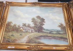 Large gilt framed Oil on canvas painting depicting a Rural Scene signed Enderby Overall size 106cm x