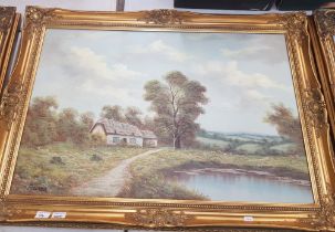 Large gilt framed Oil on canvas painting depicting a Rural Scene signed Enderby Overall size 106cm x