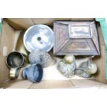 A Mixed Collection of metalware to include Victorian Pewter Bowl, Middle Eastern graduated wood