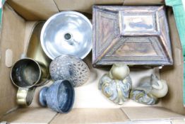A Mixed Collection of metalware to include Victorian Pewter Bowl, Middle Eastern graduated wood