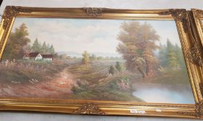Large gilt framed Oil on canvas painting depicting a landscape scene signed Enderby Overall size