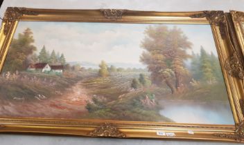 Large gilt framed Oil on canvas painting depicting a landscape scene signed Enderby Overall size