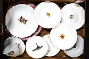 A collection of plates showing various crests from around the UK together with Wedgwood dinner plate