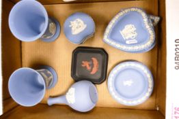 Wedgwood Jasperware items to include blue jasperware vases, lidded trinket pot, pin dishes and a