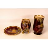 Crown Devon rouge royalle to include Fairy Castle footed vase, Art Deco style gilt and enamelled