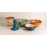 Shelley jardinere, harmony drip ware bowl, moire antique bowl, rose bowl and a candlestick ( 5