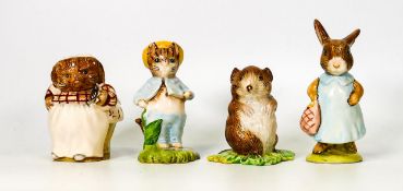 Beswick BP3 Beatrix Potter Figures Johnny Town Mouse, Mrs Flopsy Bunny, Tom Kitten in the Rockery,