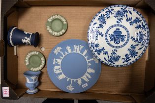 A mixed collection of items to include Wedgwood Jasperware vases, wall plate together with Globe