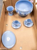 Wedgwood Blue Jasperware footed bowl, two coffee cans & saucers , vase & dressing table tray