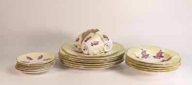 Shelley Dainty ware, yellow ground with pink roses to include 4 cups, 6 saucers, 6 soup bowls, 6