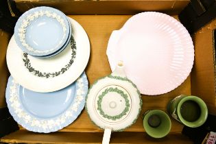 A mixed collection of Wedgwood items to include Queensware plates & bowl, damaged teapot and Sage