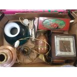 A mixed collection of items to include copper oil light effect lamp, loose cutlery, Oak Art Deco