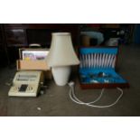 Oak Cased Part Cutlery Canteen, modern table lamp, record box & contents & vintage adding machine(4)