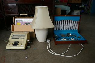 Oak Cased Part Cutlery Canteen, modern table lamp, record box & contents & vintage adding machine(4)