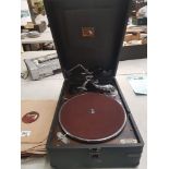 Vintage his masters voice gramophone player together with Selected records