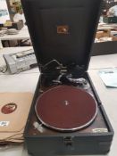 Vintage his masters voice gramophone player together with Selected records