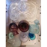 A collection of glass to include dressing table set, Caithness vases, frosted decanter etc ( 1 tray)