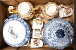 A mixed collection of items to include Sadlar teapot, blue & white lidded tureens, commerative