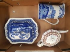 A mixed collection of spode ceramic items to inlude fleur de lys red tea pot, blue tower pattern