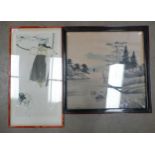 A Pair of Japanese Artworks; one black ink painting on material together with a print of a ukiyo-e