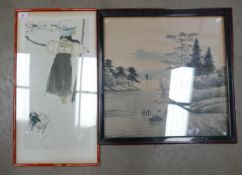 A Pair of Japanese Artworks; one black ink painting on material together with a print of a ukiyo-e