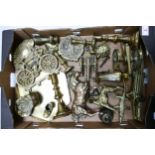 A collection of brass to include candlestick, cannons, tray, animal figures etc ( 1 tray)