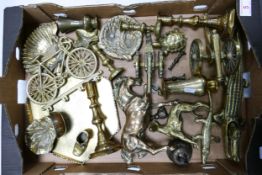 A collection of brass to include candlestick, cannons, tray, animal figures etc ( 1 tray)