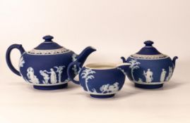 Wedgwood Dip Blue Jasperware Teapot, cream jug & sugar pot, tallest 11cm(3)