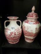 Spode pink tower twin handled vase together with pink tower temple jar (height of tallest 40cm)