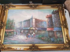 Large gilt framed Oil on canvas painting depicting a continental street scene, Overall size 107cm