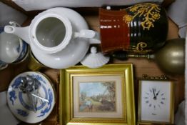 A mixed collection of items to include two gilt framed prints, Cauldon Blue Dragon Pattern