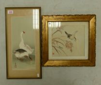 Two Japanese Ukiyo-e Woodblock Prints; Hara Zaisen (1849-1916) 'Sparrow, Grasshopper and Rice