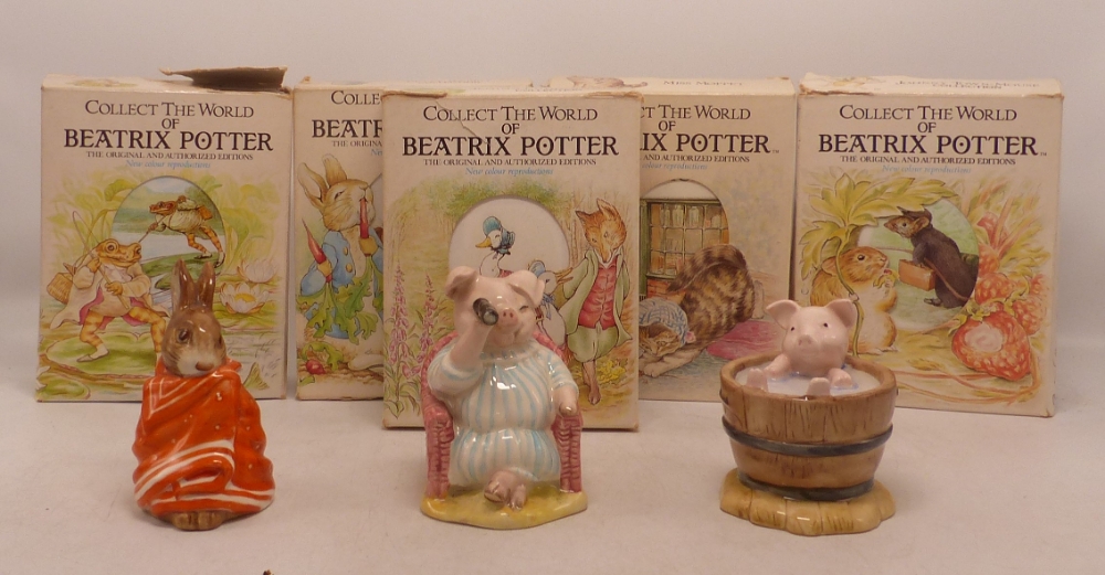 A collection of 1980's Beatrix Potter Books & 3 figure including Yock Yock in Tub, Little Pig Spying