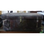 Distressed Leather Travelling Trunk with Blank Brass Nameplate. Inside has John Waring written in