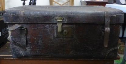 Distressed Leather Travelling Trunk with Blank Brass Nameplate. Inside has John Waring written in