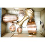 A collection of copper items to include kettle , jug, hat water jug and two small bowls ( 1 tray)
