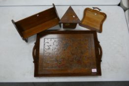 A mixed collection of Treen to include carved serving tray, book trough, dust pan and White Rose